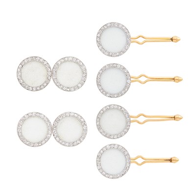 Lot 245 - Gold, Platinum, White Enamel and Diamond Dress Set, Cartier, Paris