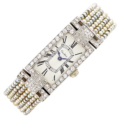 Lot 257 - Art Deco Platinum, Gold, Diamond and Seed Pearl Wristwatch, Cartier, France, European Watch & Clock Co.