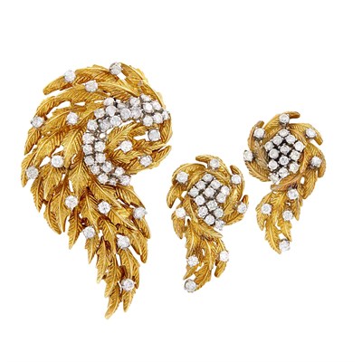 Lot 357 - Gold and Diamond Pendant-Brooch and Pair of Earclips