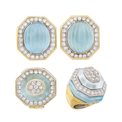 Lot 663 - Gold, Platinum, Frosted Carved Aquamarine and Diamond Earclips, Wander, France, Ring and Enhancer