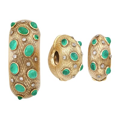 Lot 536 - Pair of Gold, Cabochon Emerald and Diamond Earclips and Clip-Brooch