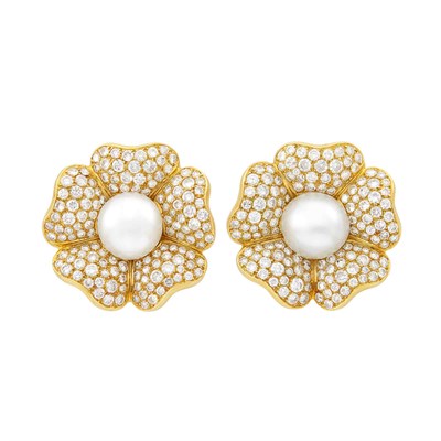 Lot 643 - Pair of Gold, South Sea Cultured Pearl and Diamond Flower Earclips, France