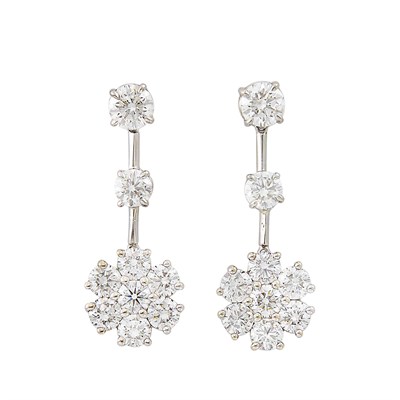 Lot 411 - Pair of White Gold and Diamond Flower Pendant-Earrings