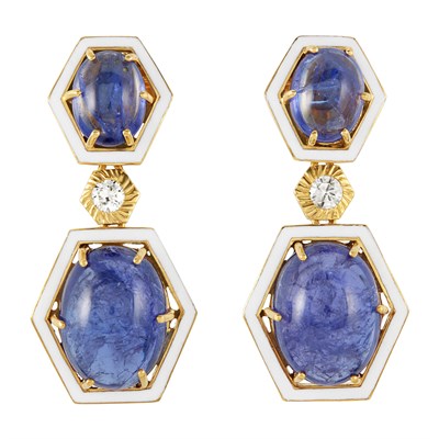Lot 127 - Pair of Gold, Tanzanite, Diamond and Enamel Pendant Earrings
