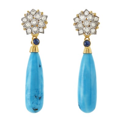 Lot 137 - Pair of Two-Color Gold, Turquoise, Diamond and Sapphire Pendant Earrings