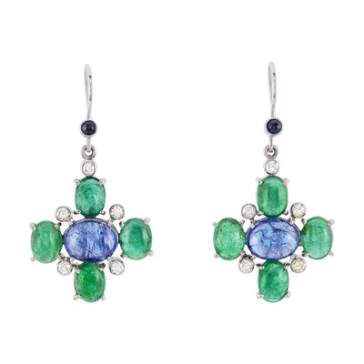 Lot 257 - Pair of White Gold, Emerald, Tanzanite, Diamond and Sapphire Pendant Earrings
