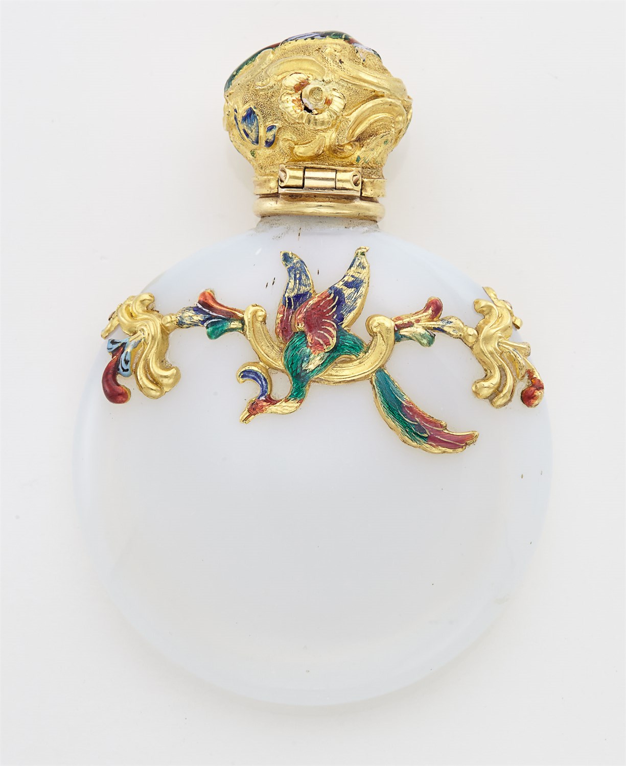 Lot 189 - Enameled Gold-Mounted Milk Glass Scent Bottle...