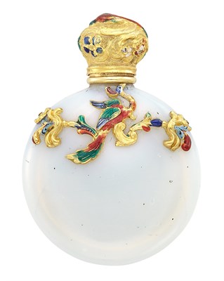 Lot 189 - Enameled Gold-Mounted Milk Glass Scent Bottle...
