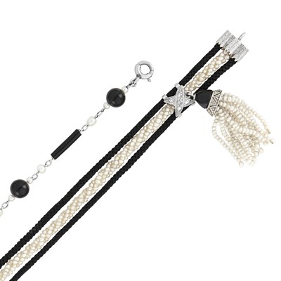 Lot 313 - Two Platinum, Seed Pearl, Black Onyx and Diamond Bracelets