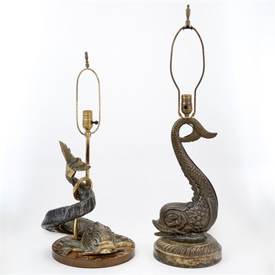 Lot 216 - Two Patinated Metal Lamps Each of dolphin form,...