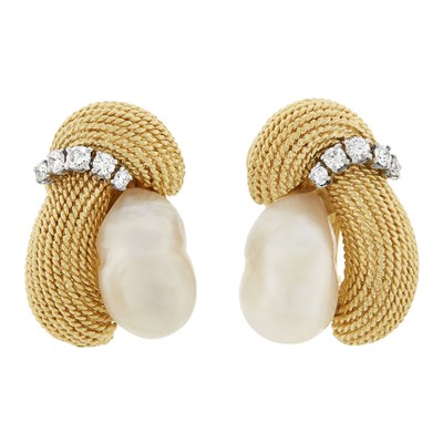 Lot 389 - Pair of Two-Color Gold, Diamond and Freshwater Cultured Pearl Earclips, David Webb