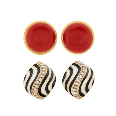 Lot 227 - Pair of Gold and Coral Earclips with Pair of Gold, Black and White Enamel and Diamond Earclips