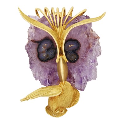 Lot 8 - Gold and Amethyst Owl Brooch-Pendant, French