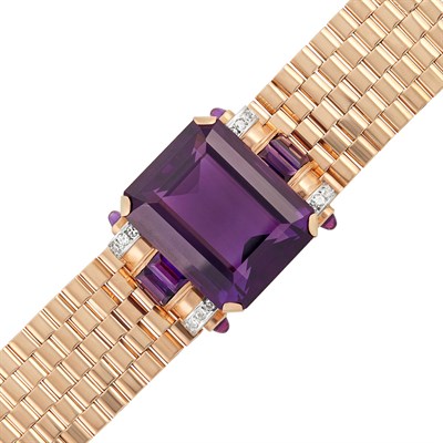 Lot 399 - Retro Rose Gold, Platinum, Amethyst and Diamond Bracelet