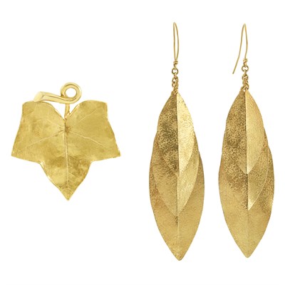 Lot 13 - Pair of Gold Leaf Earrings and Brooch
