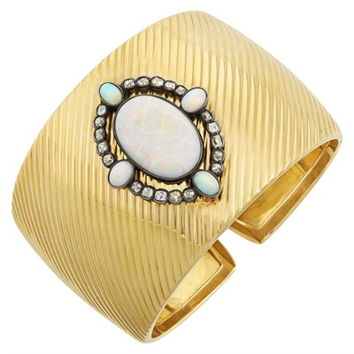 Lot 366 - Gold, Silver, Opal and Diamond Cuff Bracelet