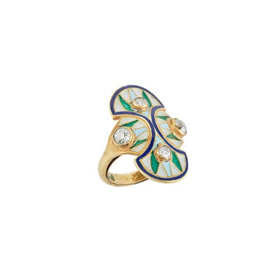 Lot 359 - Art Nouveau Egyptian Revival Gold, Diamond and Plique-à-Jour Enamel Ring