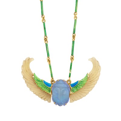 Lot 500 - Egyptian Revival Gold, Carved Opal and Enamel Winged Scarab Pendant Necklace, René Lalique