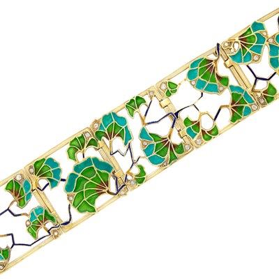 Lot 503 - Art Nouveau Gold, Diamond and Plique-à-Jour Enamel Bracelet