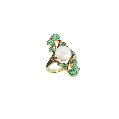 Lot 504 - Art Nouveau Gold, Pearl and Plique-à-Jour Enamel Ring