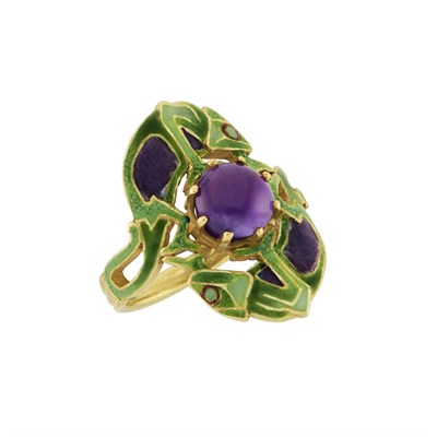 Lot 24 - Art Nouveau Gold, Amethyst and Enamel Double Chameleon Ring