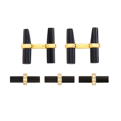 Lot 305 - Pair of Gold and Black Onyx Cufflinks and Three Black Onyx and Diamond Studs, Van Cleef & Arpels