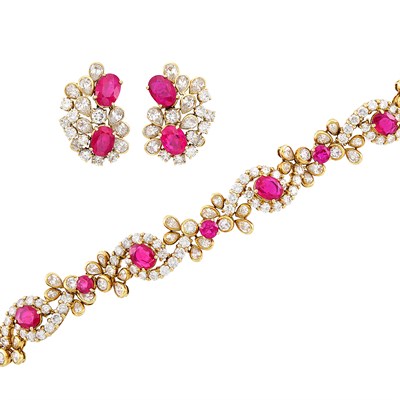 Lot 319 - Gold, Ruby and Diamond Bracelet, Faraone, and Pair of Earclips