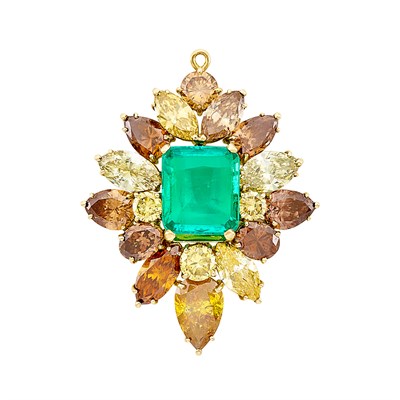 Lot 335 - Gold, Emerald and Colored Diamond Pendant