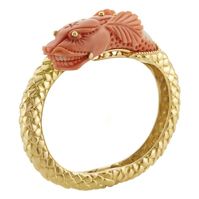 Lot 451 - Gold and Coral Bangle Bracelet, Wander, France