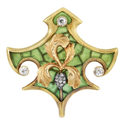 Lot 22 - Art Noveau Gold, Silver, Diamond and Plique-à-Jour Enamel Brooch