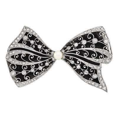 Lot 21 - Edwardian Platinum-Topped Gold, Diamond, Pearl and Ribbon Bow Brooch