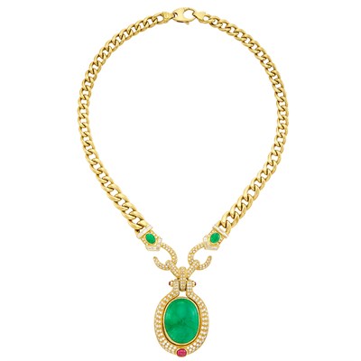 Lot 116 - Gold, Cabochon Emerald and Ruby and Diamond Necklace