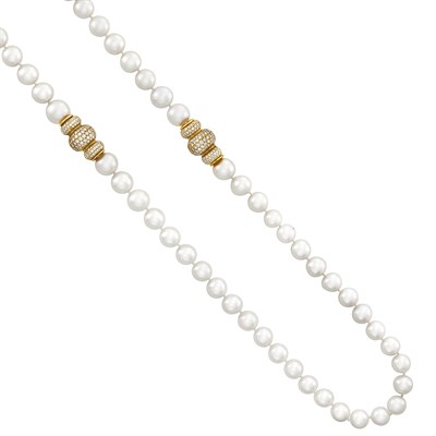 Lot 338 - Long South Sea Cultured Pearl, Gold and Diamond Necklace/Two Necklaces Combination