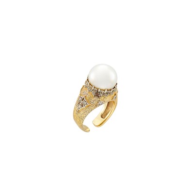 Lot 78 - Two-Color Gold, South Sea Cultured Pearl and Diamond Ring, Buccellati
