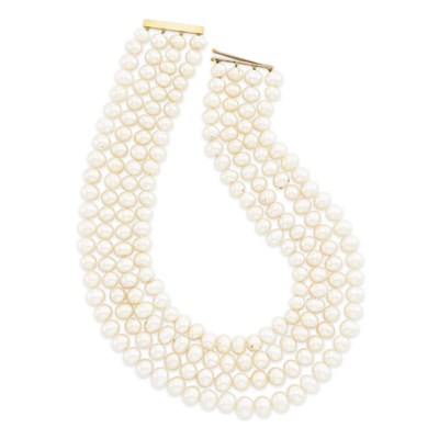Lot 1287 - Four Strand Freshwater Pearl Necklace with Gold Clasp
