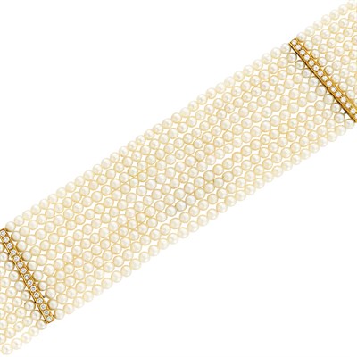 Lot 224 - Multistrand Cultured Pearl, Gold and Diamond Choker Necklace