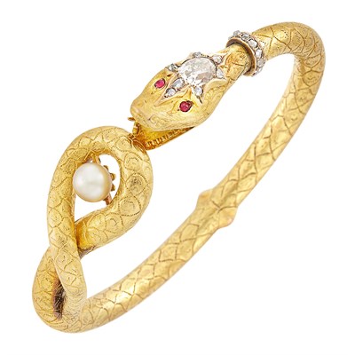 Lot 156 - Antique Gold, Diamond, Pearl and Cabochon Ruby Snake Bangle Bracelet