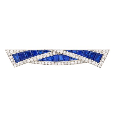 Lot 489 - Platinum, Sapphire and Diamond Bow Pin, France