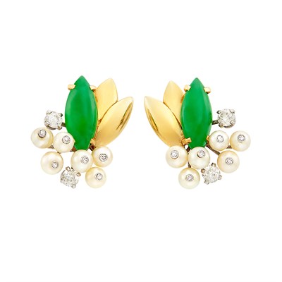 Lot 310 - Pair of Gold, Palladium, Jade, Cultured Pearl and Diamond Earclips, Cartier