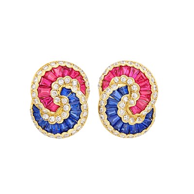Lot 178 - Pair of Gold, Ruby, Sapphire and Diamond Earclips, Adler