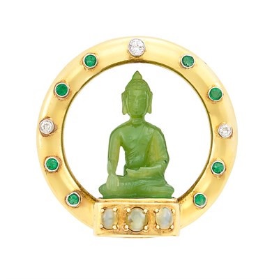 Lot 311 - Gold, Platinum, Carved Nephrite, Cat's Eye Chrysoberyl, Diamond and Emerald Pendant-Clip-Brooch, Merrin