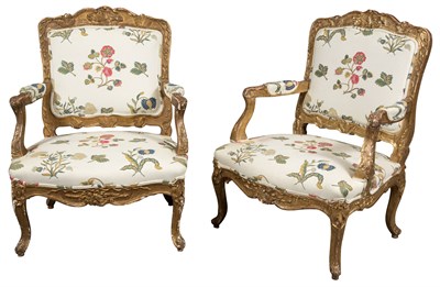 Lot 394 - Pair of Louis XV Style Giltwood Fauteuils à la...