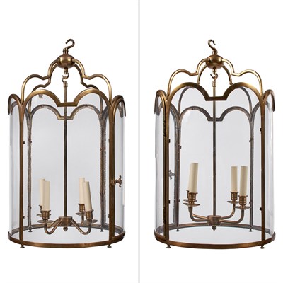 Lot 244 - Pair of Brass and Glass Hanging Lanterns...