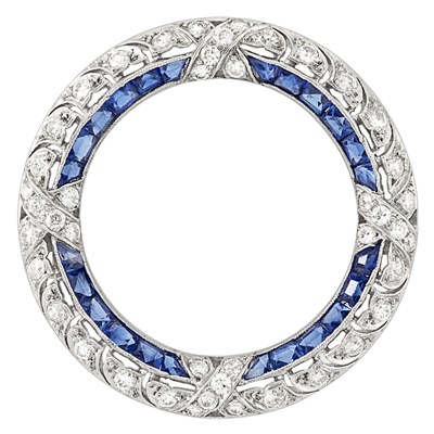 Lot 6 - Edwardian Platinum, Diamond and Sapphire Circle Pin, Tiffany & Co.