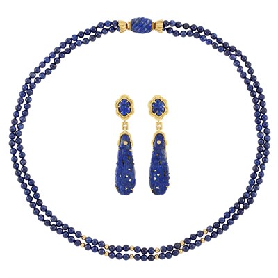 Lot 252 - Pair of Gold and Lapis Lazuli Pendant Earrings, David Webb and Double Strand Gold and Lapis Lazuli Bead Necklace