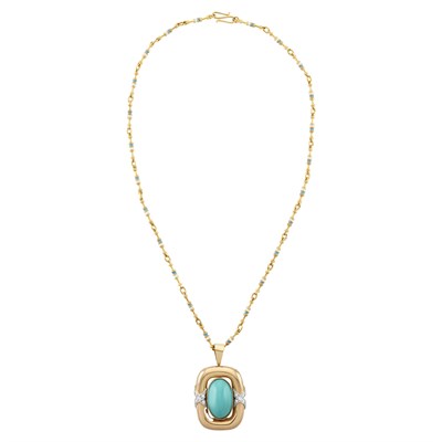 Lot 251 - Gold, Turquoise, Diamond and Enamel Pendant and Chain
