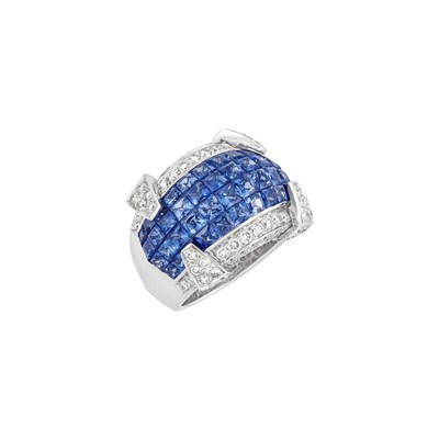 Lot 259 - White Gold, Invisibly-Set Sapphire and Diamond Ring