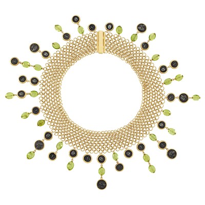 Lot 212 - Gold, Peridot and Coin Collar Necklace