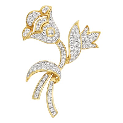 Lot 136 - Two-Color Gold and Diamond Flower Clip-Brooch