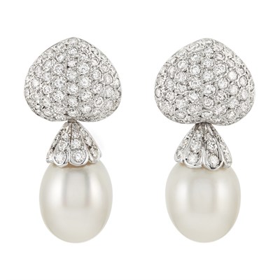 Lot 308 - Pair of White Gold, Black and White Cultured Pearl and Diamond Interchangeable Pendant Earrings